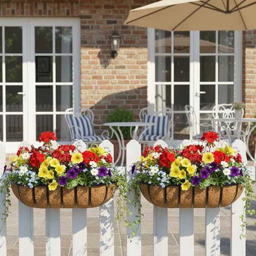 24 Inch Railing Planter Window Box Deck Balcony Rail Planter with Coco Liner Metal Wall-Mounted Coconut Liner Planter Basket English Horse Trough Planters for Outdoor Balcony Porch Fence (2 Pack) - size: 24 Inch