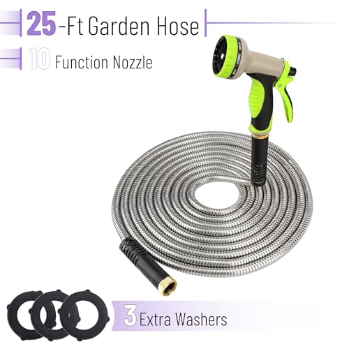UNCO- Metal Garden Hose, 25 ft, Stainless Steel, Heavy Duty Flexible Hose with 10-Function Spray Nozzle & 3 Extra Washers, No-Kink, Lightweight, Puncture Proof for Outdoor Yard, Lawn, Plants, Car Wash
