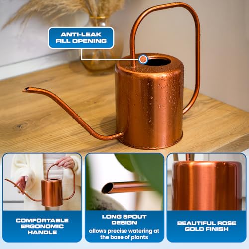 Plexon Rose Gold Metal Watering Can Indoor Plants, 54 oz Stainless Steel Long Spout Watering Can Outdoor House Plant Flower, Garden - color: Rose Gold, 54 Oz