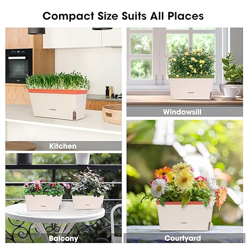 VIVOSUN Self-Watering Planters, 8-Pack 10.5 Inch Compact Rectangular Window Herb Planter Box with 10 PCS Plant Labels, Plant Container for Basil, Flowers, Succulents, Indoor & Outdoor - size: 4 (Pack of 2)
