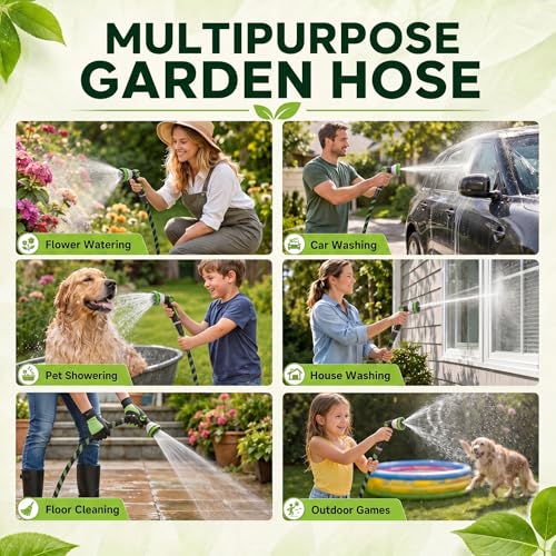 Garden Hose 100 FT, Non-Expanding Water Hose with 10 Pattern Spray Nozzle - size: 100FT