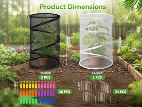 5 Pack Pop Up Insect Barrier Plant Cover, 20''H x 13''D Pop Up Fine Mesh Plant Protector with 24 Stakes 36 Labels Carry Bags, Pop Up Guard Plant Cover Tents for Vegetables Flowers, Black & White
