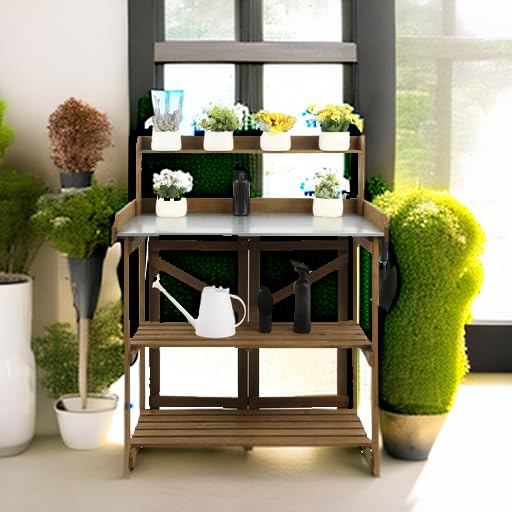 PetsCosset Folding Garden Potting Bench Table,Outdoor Wooden Work Station W/Metal Table Top,2 Tier Open Storage Rack,Top Shelf-Natural Stained
