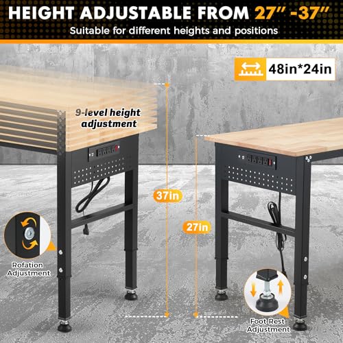 48" Adjustable Workbench with Rubberwood Top & Power Outlet,Large 48 x 24 Inch 9-Level Height Range 27"-37", 2000 LBS Heavy Duty Capacity for Workshop, Office, Garage, Home - size: 48*24 Inch