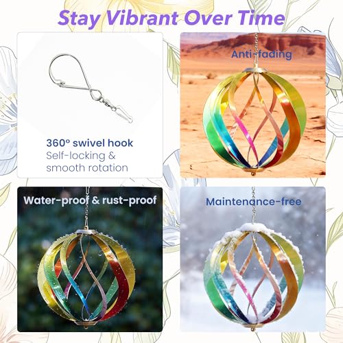 8" Hanging Wind Spinners Outdoor Assembly Required Rainbow 3D Metal Ball - size: 8 Inch