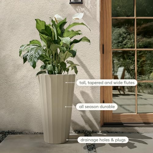 Veradek Column Series Tall Planter - Tapered Outdoor Planter with Shelf - color: Sand, style: Wide Groove
