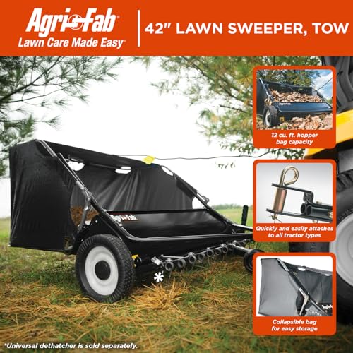 Agri-Fab 42 In Tow-Behind Lawn Sweeper with 12 Cu Ft Hopper Bag, Adjustable Brush Height and Easy Dump Rope - style: 42" Tow-Behind Lawn Sweeper