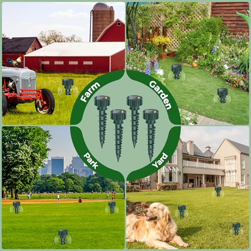 Solar Mole Repellent Stakes Outdoor – Ultrasonic Snake, Gopher & Vole Deterrent for Yard, Waterproof IP65 Solar Powered Animal Repeller for Lawn Garden, Rabbit Skunk Groundhog Control (4 Pack)