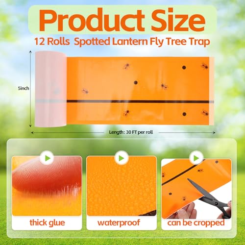 12 Rolls Spotted Lantern Fly Tree Trap 30 Feet Each Roll Lanternfly Tree Outdoor Fruit Fly Sticky Strips Paper Insect Sticky Barrier Trunk Wraps to Protect Plant, Lawn, Garden(Orange) - color: Orange