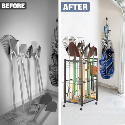 WALMANN Garden Tool Organizer on Wheels, Rakes/Shovels/Yard Tools Stand, M