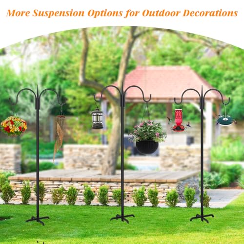 FEED GARDEN Heavy Duty Shepherds Hook 108" Double Hooks Adjustable (44/60/76/92/108") - Metal 5-Prong Base, 12lb Capacity - Easy Assembly Bird Feeder Pole for Hanging Planters, Lanterns, Wind Chimes - size: 108 Inch
