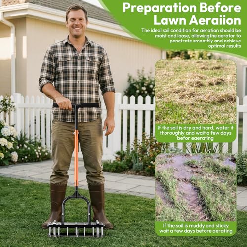 Manual Lawn Aerator, All Metal 21 Tines, Self-Clean - size: S