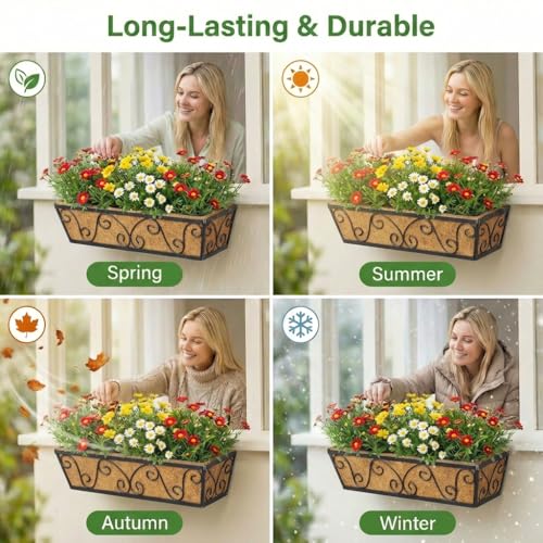Y&M 24 Inch Window Deck with Coco Liner, Fence Metal Hanging Flower Planter Window Basket Deck Railing Planter Boxes for Outdoor Garden Lawn-Butterfly, 2pcs - size: Butterfly 24in 2p