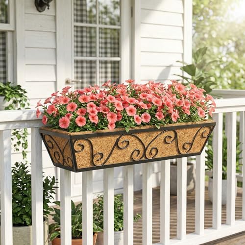 Y&M 24 Inch Window Deck with Coco Liner, Fence Metal Hanging Flower Planter Window Basket Deck Railing Planter Boxes for Outdoor Garden Lawn-Butterfly, 2pcs - size: Butterfly 24in 2p
