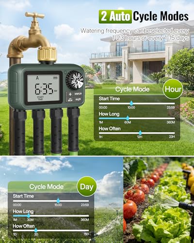 Brass Sprinkler Timer with Swivel, Programmable Water Timer for Garden Hose with Auto/Manual/Rain Delay Watering, Digital Irrigation System Kit,for Garden, Yard, Lawn 4 Outlet F14WT06