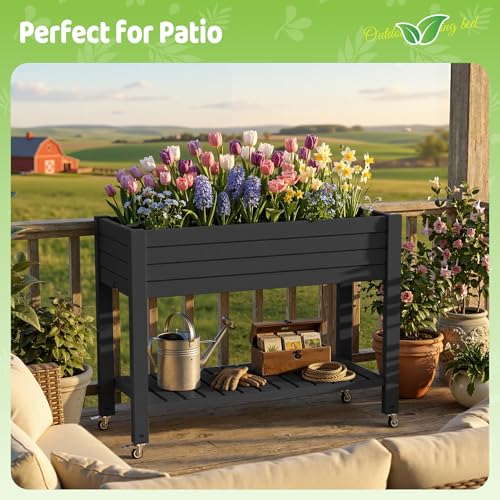 Elevated Raised Garden Bed,Outdoor Large Planter Box with Wheels & Shelf for Backyard Balcony,Dust-Proof Resin Patio Raised Bed for Herbs Flowers Vegetables(Black) - color: Black