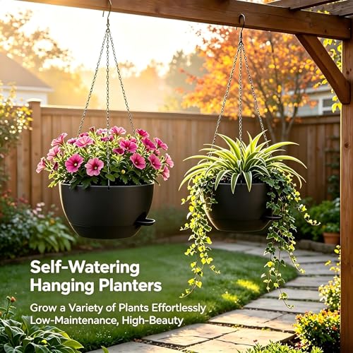 12 Inch Self Watering Hanging Planters, Black, 2 Pack - color: Black