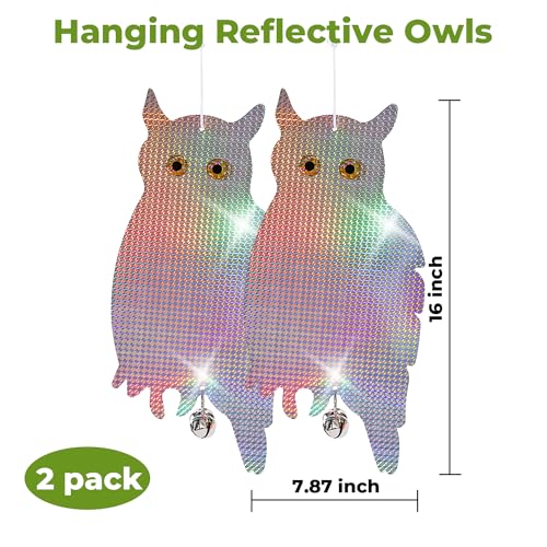 Dyvicl Fake Owl Hanging Reflective Owl Woodpecker Bird Deterrent Control Device for House Windows Outdoor Garden Yard, 2 Pack