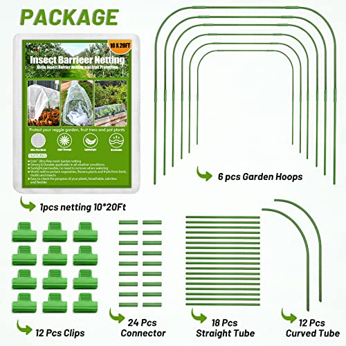 67pcs Garden Mesh Netting Kit, 6 Sets Wide Garden Hoops with Garden Covers - color: White+green