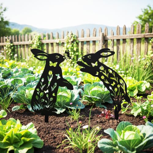 2 Pcs Metal Bunny Garden Stakes, Decorative Rabbit Silhouette Yard Art - color: Bunny