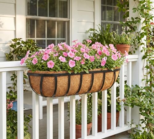 Y&M 2pcs 24 Inch Window Deck with Coco Liner, 24" Window Boxes Horse Trough with Coconut Coir Liner, Black Metal Hanging Flower Planter Window Basket Deck Railing Planter Boxes for Outdoor Indoor - size: 2p 24in