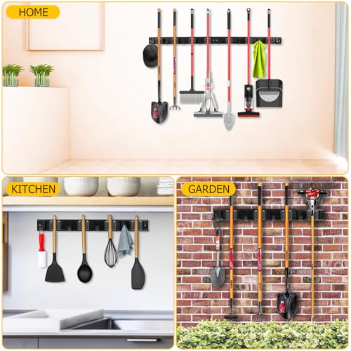 2 Pack Wall Mount Broom Holder with Sliding 3 & 4 Racks 4 Hooks,Mop Hanger