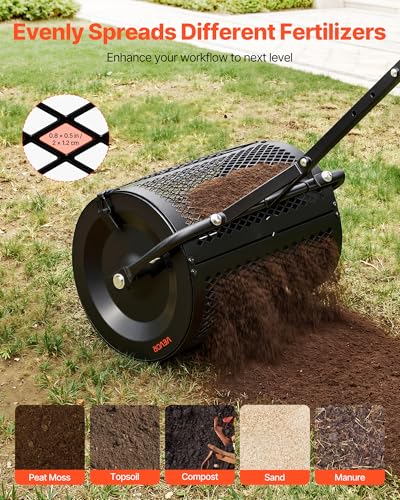 VEVOR Compost Spreader, 16.5" Wide Peat Moss Spreader with T Shaped Handle, 3 Heights Adjustable, Powder-Coated Steel Garden Peat Moss Roller, Heavy Duty Grass Seed Roller for Planting Seeding, Black - size: 16.5in