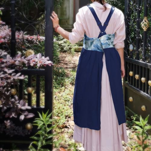 Cotton Linen Apron Cross Back Apron for Women with Pockets Pinafore Dress - color: Flora Navy Blue