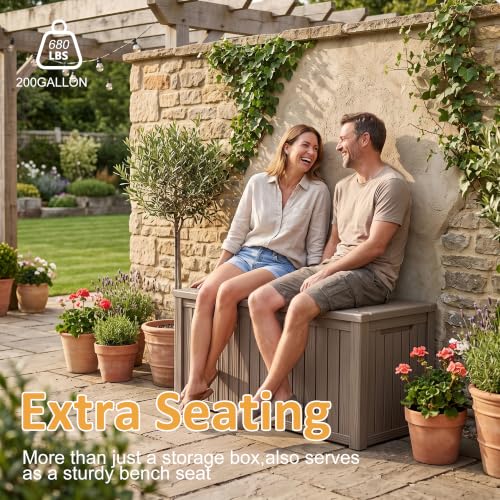 200Gal Lockable Waterproof Deck Box, Sturdy Bench for Patio & Garden Grey - color: Grey, size: 200 Gallon