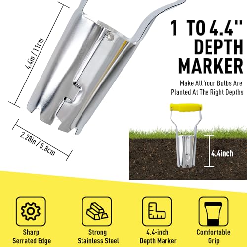Jardineer Small Bulb Planter Tool– Compact Stainless Steel Transplanter for Bulbs, Seedlings & Flowers – Ergonomic Handle with Depth Markings – Silver & Black– Durable Garden Planting Tool - color: silver