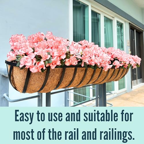LaLaGreen Deck Railing Planters (48 Inch, 2 Pack) Extra Large Rectangular Railings Flower Box with Coco Liner, Black Metal Bracket Balcony Hanging Planter for Outdoor Plants Over Rail Fence Porch - size: 48" (122cm) x 2 pack