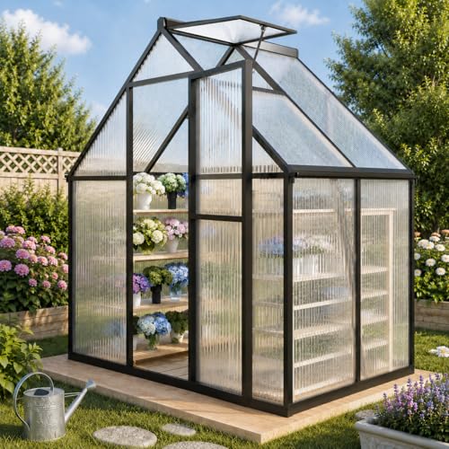6x4FT Outdoor Greenhouse with Roof Vent, Charcoal Black - color: Charcoal Black, size: 6×4FT