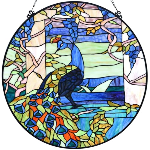 Bieye W10094 Blue Peacock Tiffany Style Stained Glass Round Window Panel - size: 24" Round