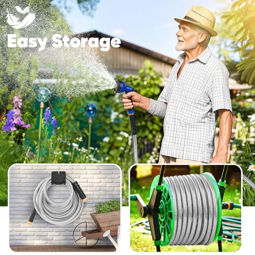 Garden Hose 50ft, Stainless Steel Metal Hose with 10 Function Nozzles