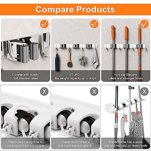 2 Pack Mop and Broom Holder Wall Mount for Kitchen Garden Garage Laundry - color: Silver, size: 2Pack 3R4H
