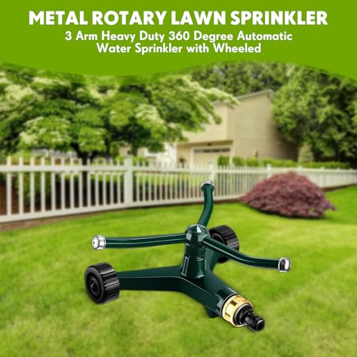 1 Pc Metal Rotary Lawn Sprinkler 3 Arm Heavy Duty 360 Degree Automatic Revolving Whirling Water Sprinkler with Wheeled Base for Lawn Yard Garden Backyard, Cover up to 538 sq ft (Green) - color: Green