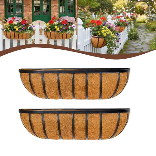 2 Pcs 36“ Railing Planter Window Box Deck Railing Planter Boxes with Coco Liner English Horse Trough Planters Metal Wall-Mounted Planters Basket for Outdoor Balcony Porch Fence Patio Rail - size: 36 Inch