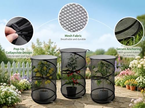 5 Pack Pop Up Insect Barrier Plant Cover, 20''H x 13''D Pop Up Fine Mesh Plant Protector with 24 Stakes 36 Labels Carry Bags, Pop Up Guard Plant Cover Tents for Vegetables Flowers, Black & White