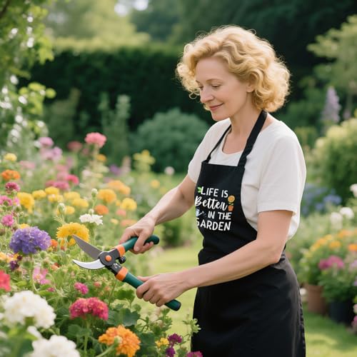 Gardening Apron for Women with Pockets, Adjustable Funny Garden Apron Gifts for Gardener Mom Wife Plant Lover - color: Black-life is Better in the Garden