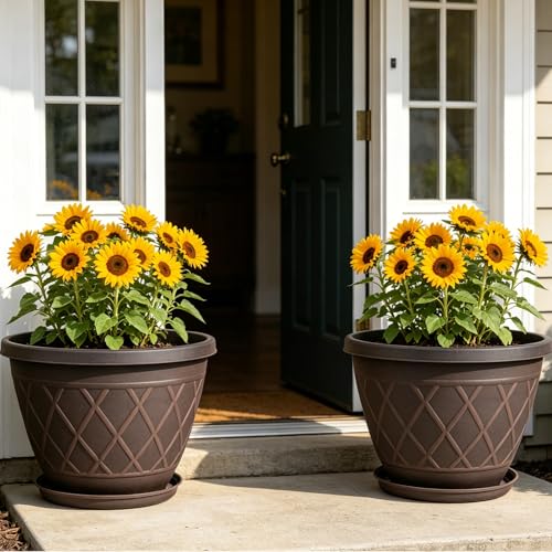 4 Pack 12 Inch Pots for Plants, Plastic Flower Pots with Faux-fence Texture - size: 12 Inch - 4Pack
