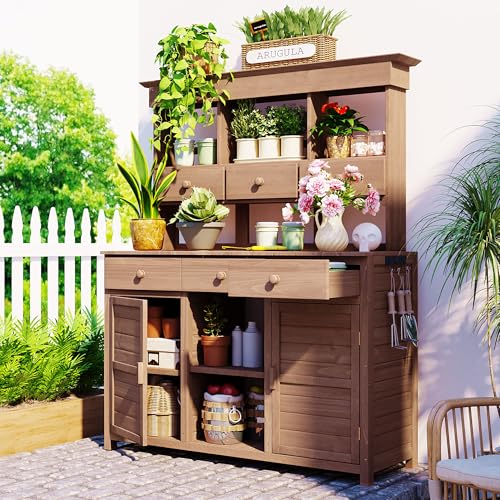 Merax 65.7" Tall Garden Potting Bench with Hutch, 3 Shelves, 6 Drawers, 2 Cabinets & Hooks - color: Brown