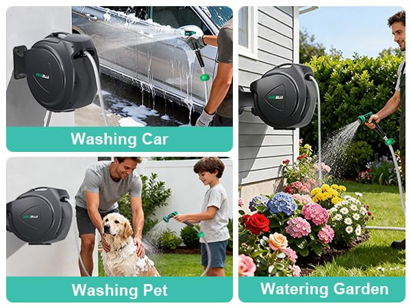 Retractable Garden Hose Reel, 100Ft x 1/2" Durable Wall Mounted Water Hose Reel with 180¡ãSwivel Bracket, 9 Pattern Sprayer, 6Ft leader hose,Smooth Automatic Rewind, Any Length Lock. - size: 100Ft x 1/2"