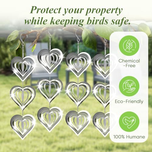 Reflective Wind Spinners for Outdoors, 12 PCS Stainless Steel Bird Control Discs with 360° Swivel Hooks, Humane 3D Hanging Ornament for Garden, Patio, Balcony & Orchard