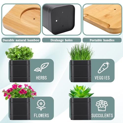 LemonRoad 6 Pcs Indoor Herb Planter Window Herb Pots for Kitchen with Drainage Hole and Bamboo Tray Farmhouse Metal Garden Planter Pot with DIY Label Mom Plant Gift(Black,Square)