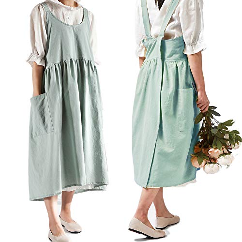 Japanese Cotton Cross Back Pinafore Apron for Women with Pockets Turquoise - color: 01 - Turquoise Without Waist Ties