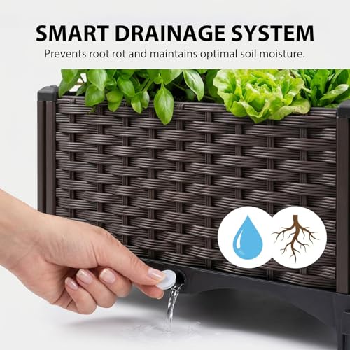 3 Planter Boxes Rectangular Raised Garden Bed Kit Indoor Outdoor Plastic Planter Grow Box for Fresh Vegetables, Herbs, Flowers & Succulents, Brown, 46.4'' X 15.7'' X 8.46''