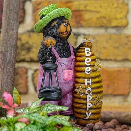 Joint Honglin Honey Bear Garden Statue with Lighted Beehive & Lantern - color: Honey Bear