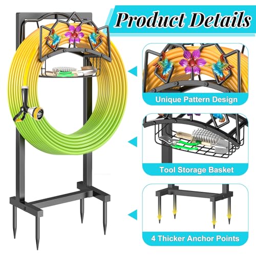 Garden Hose Holder, Heavy Duty Metal Water Hose Holder with Storage Basket, Freestanding Hose Stand Hanger, Sturdy Hoses Storage Rack 150-feet for Outside Yard Lawn - style: Hummingbird+Basket