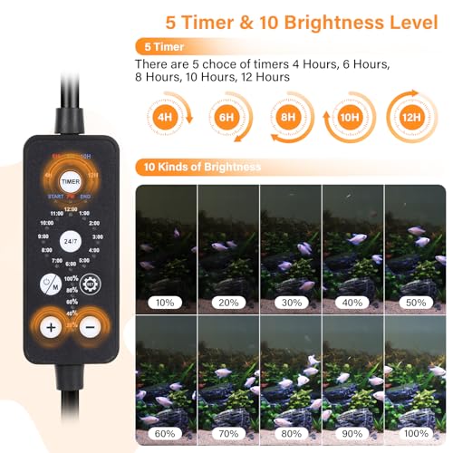 hygger Submersible LED Aquarium Light, 24W 26.8 in 24/7 Mode Fish Tank Light with 5 Rows Beads, with Timer 9 Colors and Adjustable Brightness, Full Spectrum IP68 Waterproof Light for Fish Tank 28-54in - size: 26.8in 24W