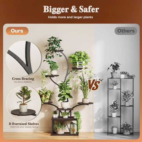PRAISUN 51 Inch Plant Stand with Grow Lights, 8 Tiered Indoor Plant Shelf - color: Walnut